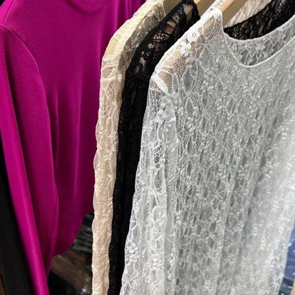 2025 Sexy and slightly transparent black lace shirt women long sleeved Spring and Autumn New slim fit inner layer with mesh