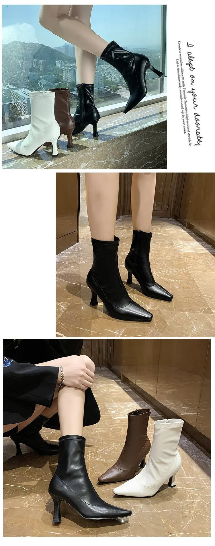Women High Heel Short Leather Boots  New Boots Female Pointed Thin Heel Boots Ladies Ankle Short Boots Botas De Mujer 2024