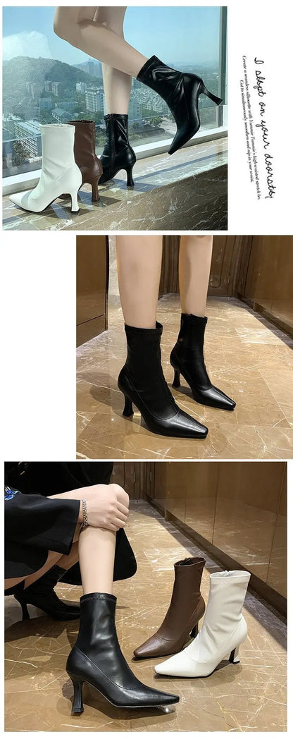 Women High Heel Short Leather Boots  New Boots Female Pointed Thin Heel Boots Ladies Ankle Short Boots Botas De Mujer 2024
