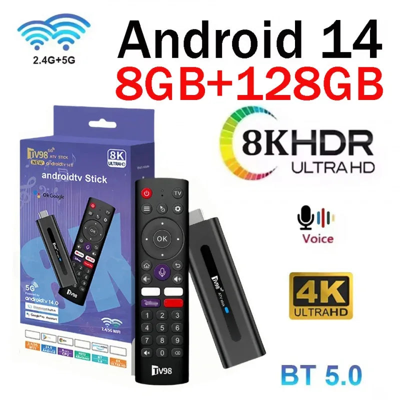 TV98 ATV Stick TV Stick Support HD 8K 4K Video BT5.0 4G 5G Dual WiFi6 Voice Remote Allwinner H313 Quad Core Smart 8GB 128GB iptv