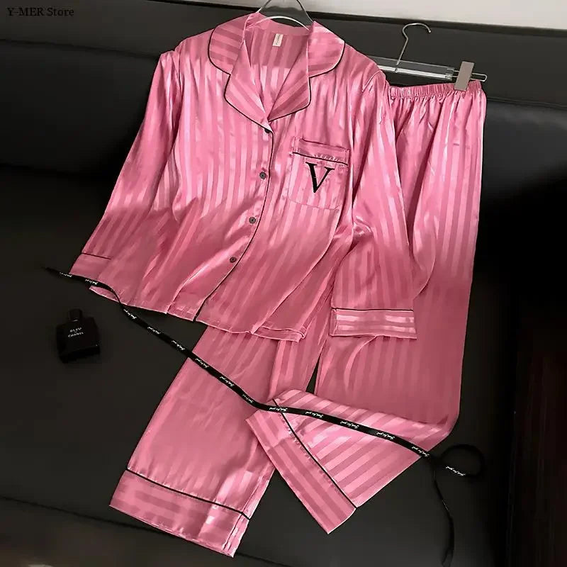 2025 Women Stripe Print Satin Pajama Ladies Pyjamas Loungewear Set Long Sleeve Buttons Lapel Tops & Pants Pijamas De Mujer