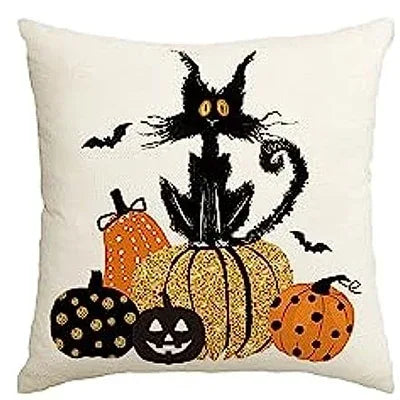 Linen Square Pillow Cover Pumpkin Cat Happy Halloween Trick Or Treat Autumn Decorative Sofa Cushion Cover Living Room