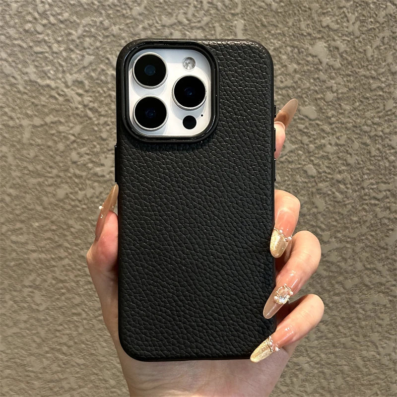 Luxury Business Lichee Pattern Leather Texture TPU Case For iPhone 16 15 14 13 12 11 Pro Max 16 Plus Shockproof Matte Soft Cover