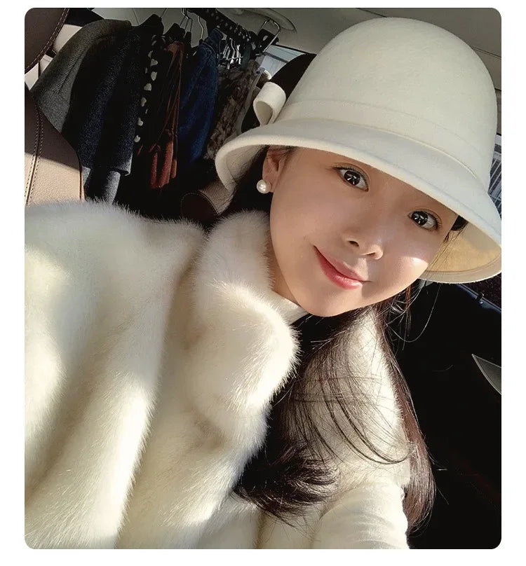 2024 Autumn Spring Fedoras Women Hat Elegant Vintage Bowknot Wool Ladies Hat Dome Felt Wedding Church Jazz Cap Female Bow Bowler