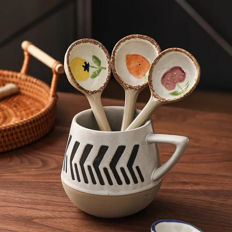 Cute Ceramic Flower Soup Spoon Kawaii Korean Ice Cream Hand Painted Dessert Spoon With Long Handle Kitchen Tableware Accessories