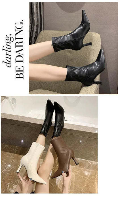 Women High Heel Short Leather Boots  New Boots Female Pointed Thin Heel Boots Ladies Ankle Short Boots Botas De Mujer 2024