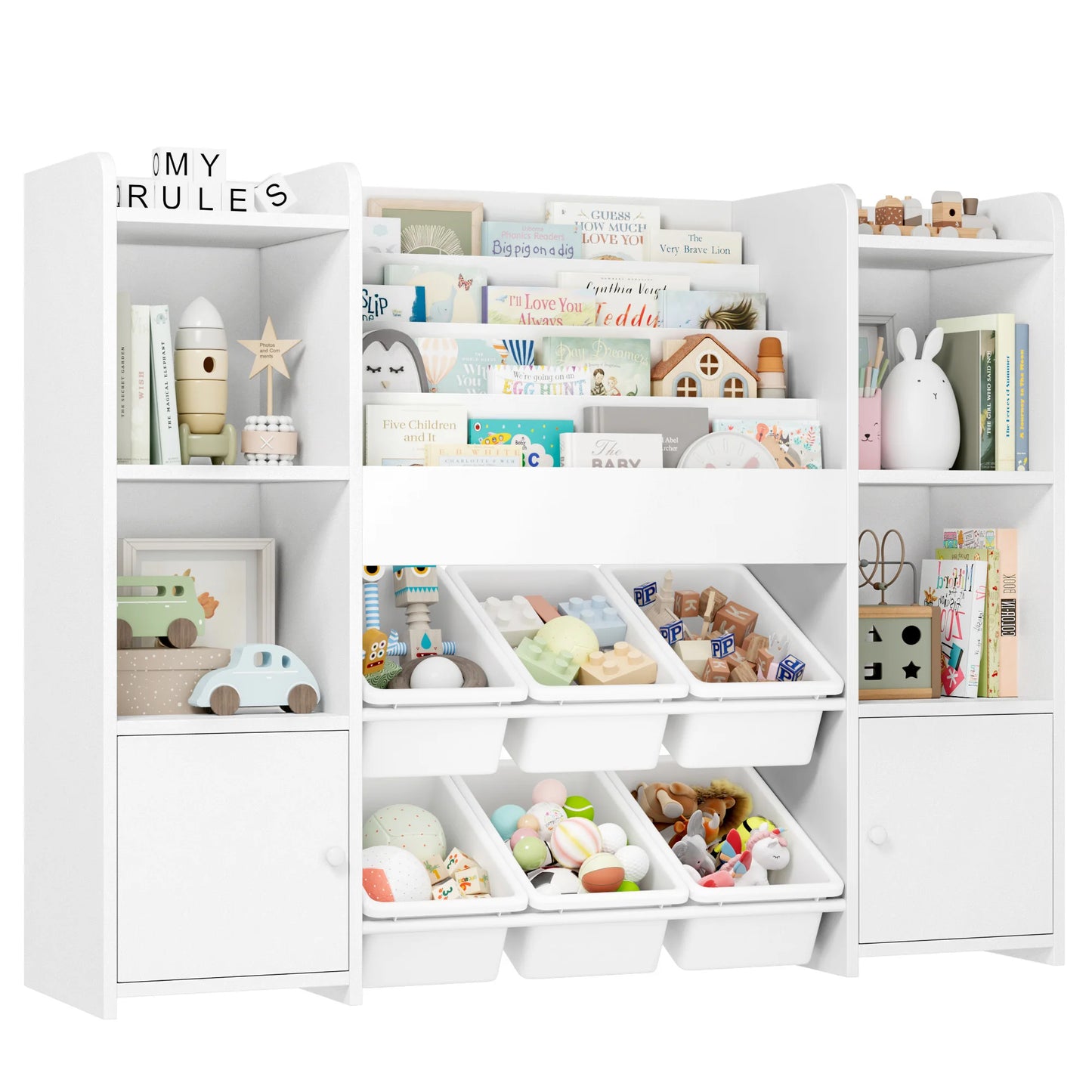 Getone Toy Storage Unit Kids Storage Unit Kids Toy Storage with 6 Removable Boxes, 4-tier Book Shelf Childrens Bookcase Kids Bookshelf Toy Organiser for Kids Room, Nursery Playroom 119x29.5x94 cm