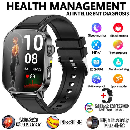 2026 New Model Uric Acid & Lipid Health Analysis Smart Watch Men ECG+PPG Bluetooth Call 2.01-inch Flashlight Smartwatch Women