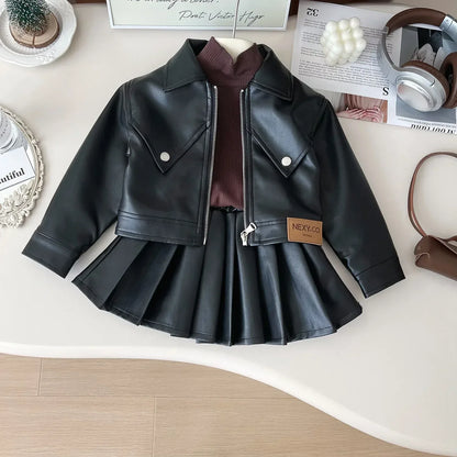 2024 Girls Baby Spring Autumn Winter PU Clothing Set Fashion Kids Leather Zipper Jackets+skirts Children 2pcs Birthday Clothes