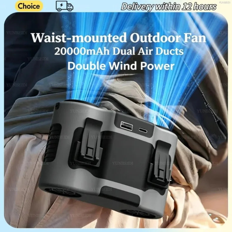 Portable Waist Clip Fan Small USB Charging Hanging Fan with LED Flashlight Outdoor Single/dual Air Outlet Fan 20000/10000Mah