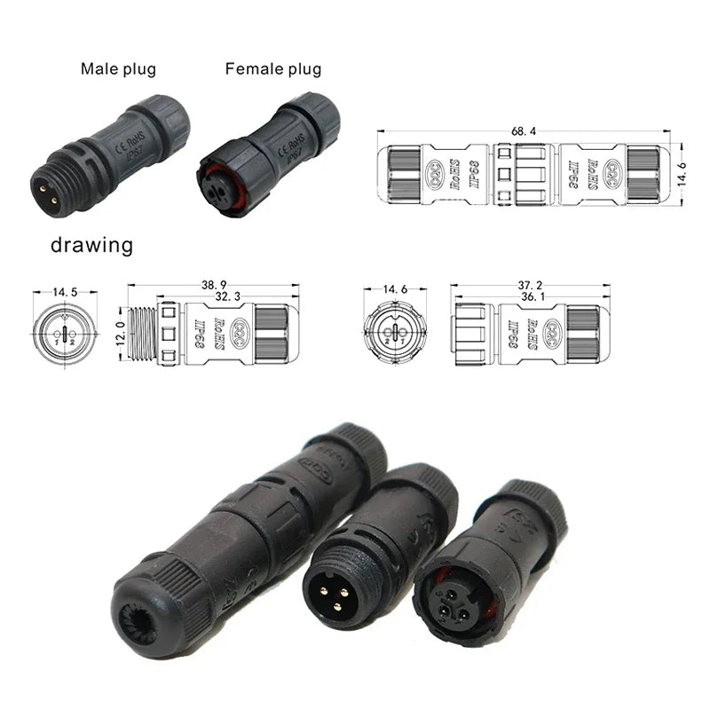 M12 Welded Connector Outdoor 2 3 4 5 6 7 8 Pin IP68 Waterproof Assembled Connector Joint Aviation Docking Male Female Plug