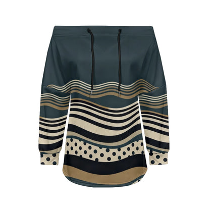 Trendy Off-Shoulder Sweatshirts with Striped & Polka Dot Patterns Drawstring Casual Loose-Fit Top for Women Casual Streetwear