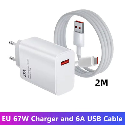 EU US UK Plug 67W 6A USB Fast Charger For Xiaomi 10T 11 12 Lite 13T Redmi Note 10 11T 12 13 POCO X4 X5 F5 Type C Charging Cable
