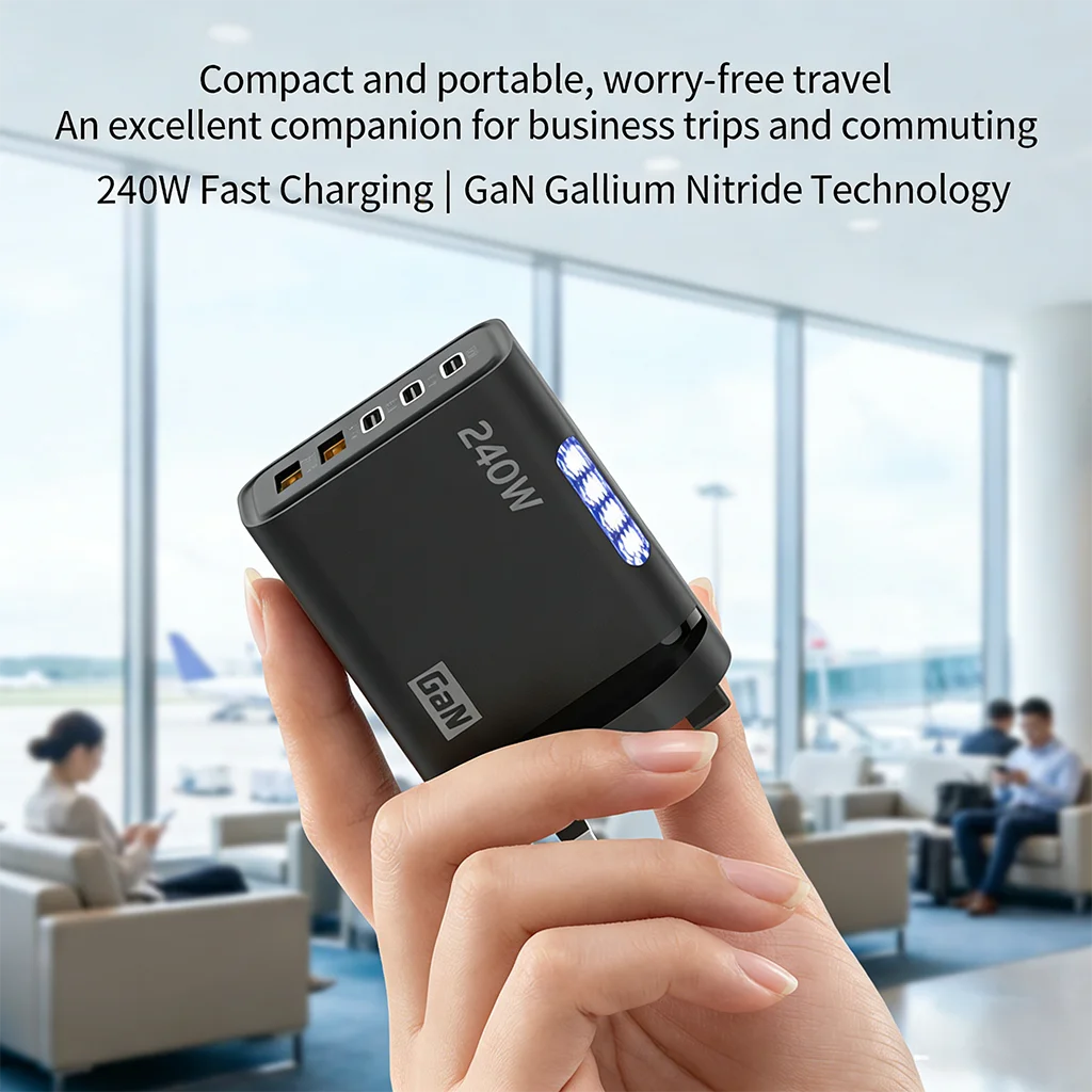 240W GaN Fast Charger 3 USB-C 2 USB-A Ports PD QC3.0 for iPhone 17 16 Galaxy S25 S24 Xiaomi 16 15 Huawei Mate 70 60 Oppo Vivo