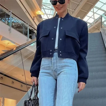 EDSA Woman Bomber Jacket White Autumn Winter Button Cropped Jackets for Women Fashion Long Sleeve Crop Outerwear