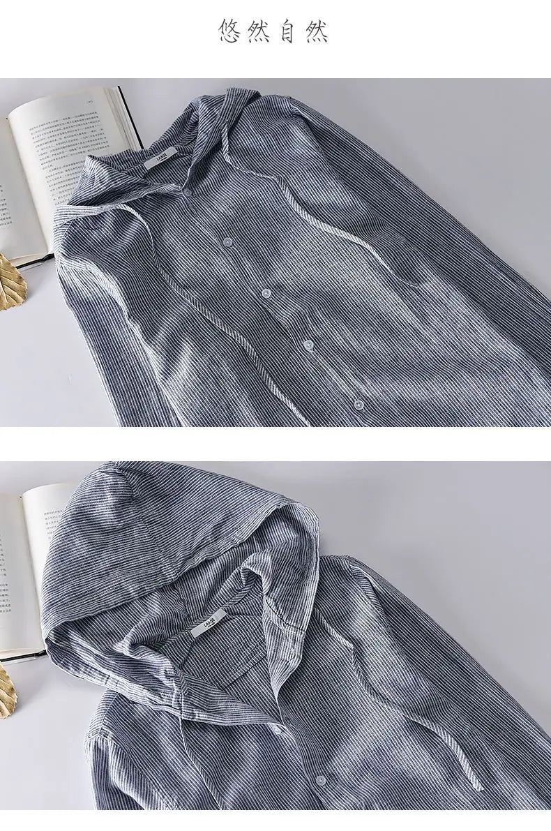 Spring Summer New Hooded Long-sleeved Solid Inen Shirt Trendy Men's Thin Loose Youth Fashionable Cotton Linen Sunscreen Shirt
