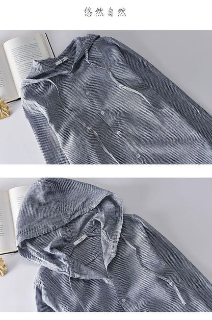 Spring Summer New Hooded Long-sleeved Solid Inen Shirt Trendy Men's Thin Loose Youth Fashionable Cotton Linen Sunscreen Shirt