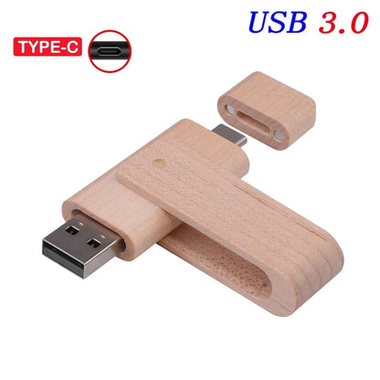 USB3.0 Wooden  TYPE-C Free Custom Logo USB 3.0 Flash Drive 128GB Rotatable Pen Drive 64GB Memory Stick Creative Gift Pendrive