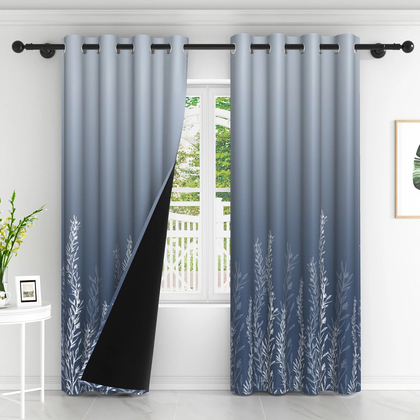 2pcs/set Solid Color Gradient Window curtains Bottom Leaf Print Thermal Insulated Polyester Bedroom Living Room Blackout Curtain