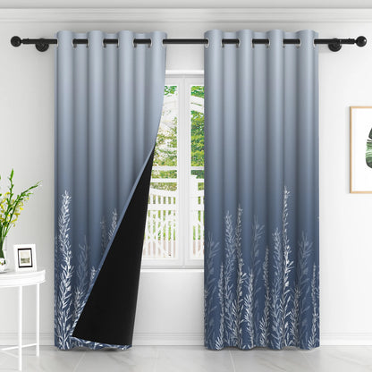 2pcs/set Solid Color Gradient Window curtains Bottom Leaf Print Thermal Insulated Polyester Bedroom Living Room Blackout Curtain