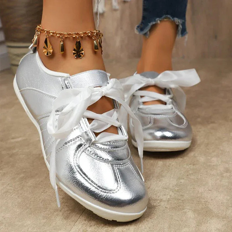 Sweet Ribbon Bowknot Ballet Flats for Women Plus Size 43 Gold Silver Platform Sneakers Woman Comfortable Soft Bottom Flat Shoes