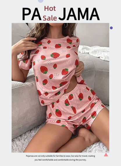 Pajamas Set for Women Breathable Strawberry Print Sleepwear Comfy Short Sleeve Top and Shorts Pyjama Home Loungewear for Ladies
