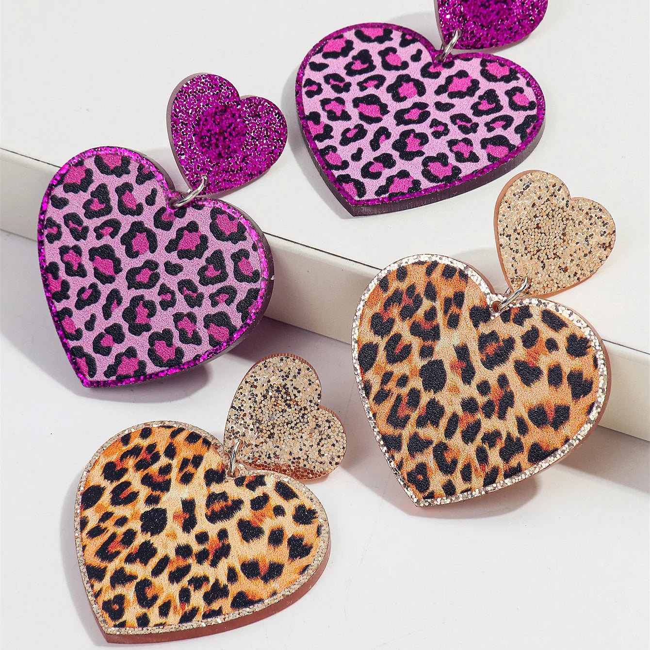 New Purple Glitter Leopard Heart Acrylic Dangle Earrings for Women Trendy Love Hanging Earring Jewelry Valentine's Day Gifts