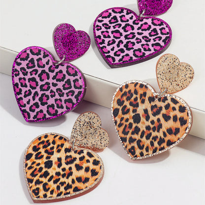 New Purple Glitter Leopard Heart Acrylic Dangle Earrings for Women Trendy Love Hanging Earring Jewelry Valentine's Day Gifts