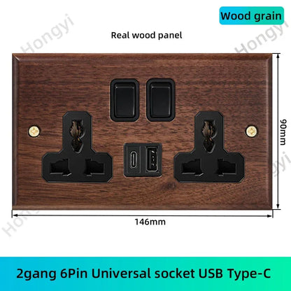 Black walnut retro European retro wall lamp switch socket, solid wood brass toggle switch board 1-4Gang 2Way antique home switch