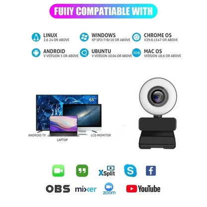 4K Webcam Mini Camera Full HD Webcam With Ring Fill Light Microphone USB Live Broadcast For Youtube PC Laptop Video Shooting