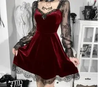 Robe Gothique en Velours et Dentelle pour Femme, Bretelles Spaghetti, Punk, Mini Cami, Costume de ixCosplay
