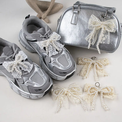 Lace pearl bow Shoe Shoelaces Charms for Sneakers Decorative Shoe Flower Buckle Decorative Shoe Fashion Charm Accessories