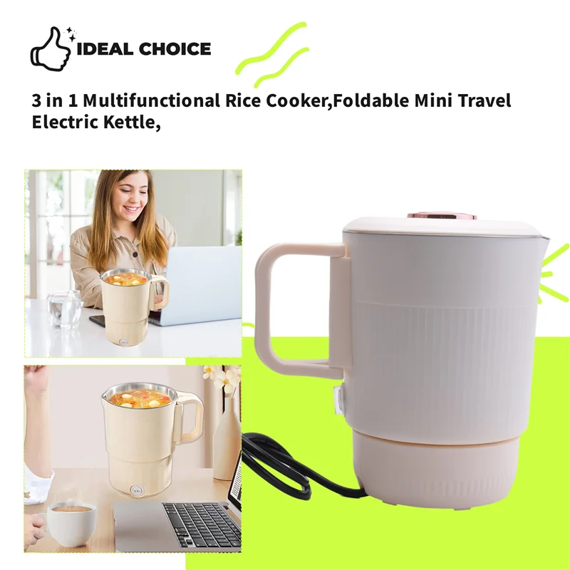 ELEG-3 In 1 Multifunctional Rice Cooker Foldable Mini Travel Electric Kettle Household Foldable Electric Cooker Hot Pot EU Plug