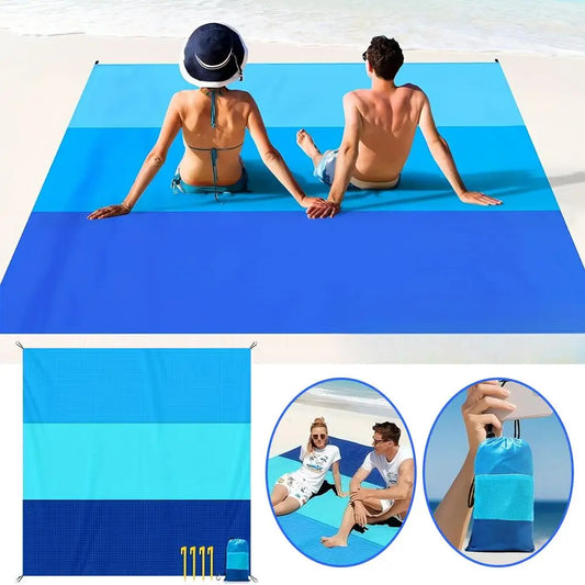 200x210cm Sandproof Waterproof Beach Mat, Foldable 3-Color Spliced Outdoor Picnic Blanket, Lightweight Pocket Camping Mat by PDG ibma