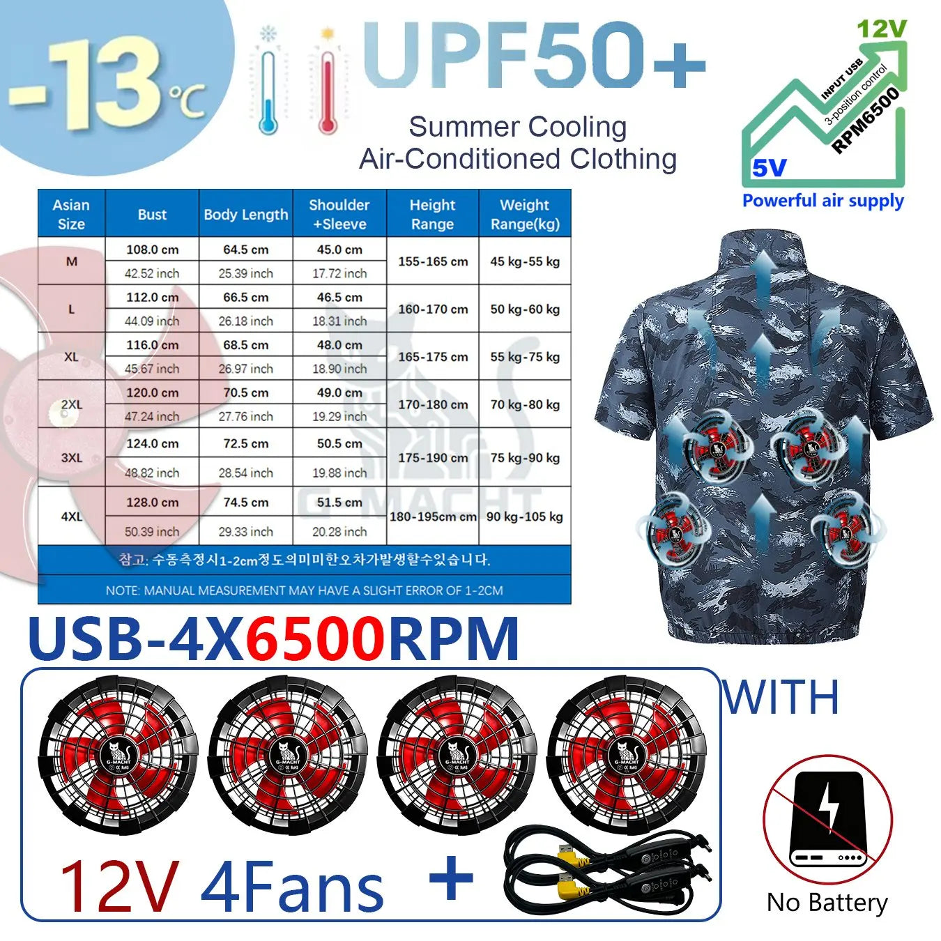 G-MACHT Men Short Sleeve 4Fans Cooling Jacket USB Air Conditioning Clothing Outdoor Work Fishing Heat Protection Cooling Vest