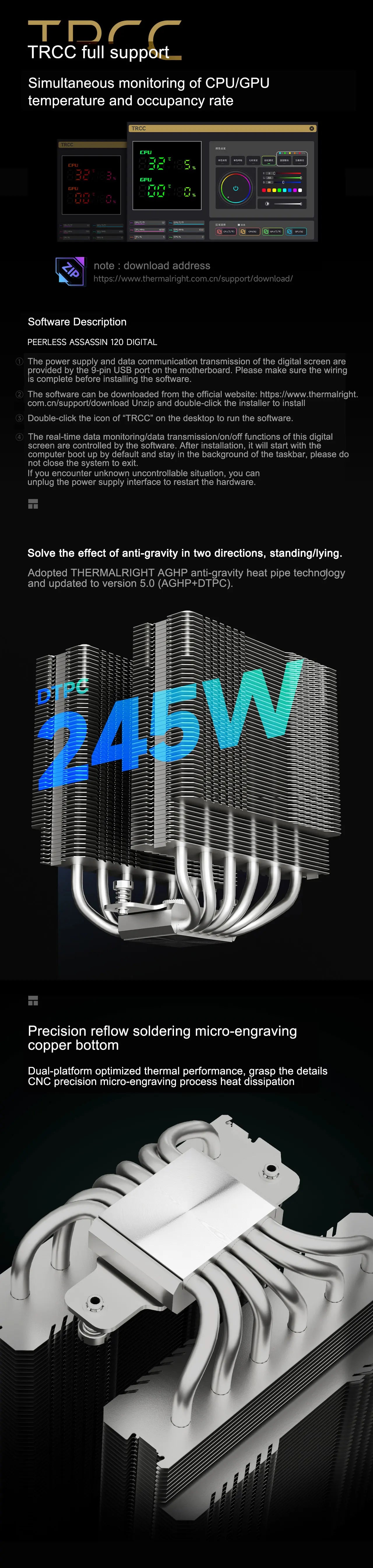 Thermalright PA 120 Digital Chassis Air Cooling Radiator，6 heat pipe/CPU/CPU simultaneous monitoring/Supports LGA1851/1700/AM5