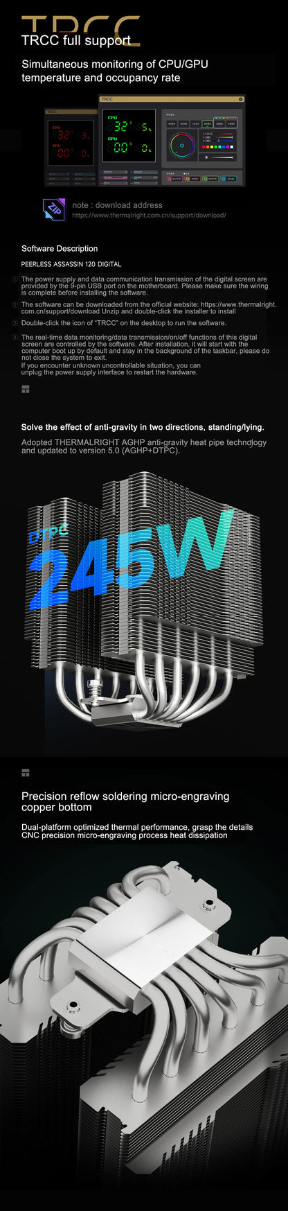 Thermalright PA 120 Digital Chassis Air Cooling Radiator，6 heat pipe/CPU/CPU simultaneous monitoring/Supports LGA1851/1700/AM5