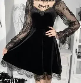 Robe Gothique en Velours et Dentelle pour Femme, Bretelles Spaghetti, Punk, Mini Cami, Costume de ixCosplay