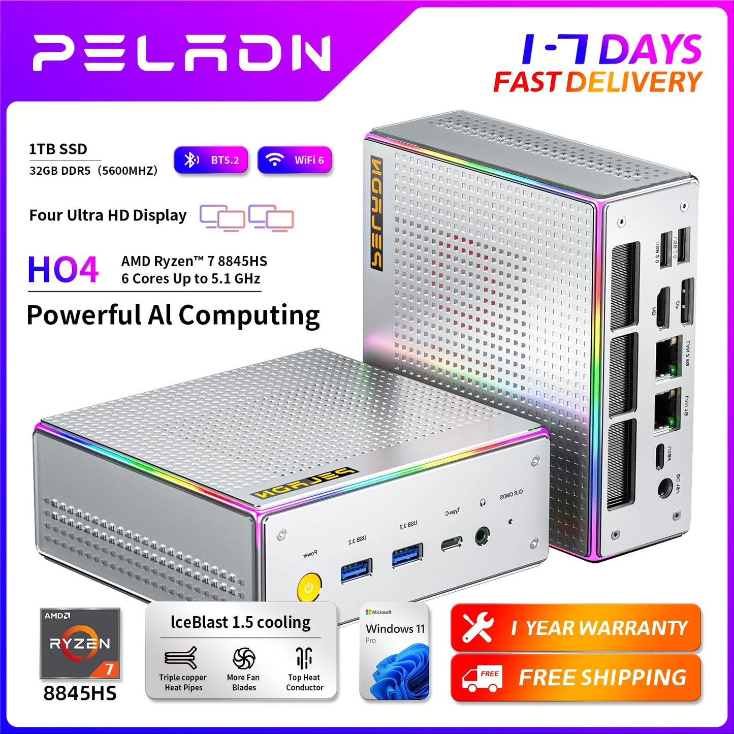 PELADN HO4 Gaming Mini PC AMD Ryzen 7 8845HS 32GB DDR5 5600MHz 1TB PCIe4.0 SSD, AMD Radeon 780M with Dual RJ45 LAN, WiFi6 BT5.2
