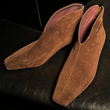 Women's natural suede leather pointed toe back zip kitten heel autumn ankle boots elegant ladies short booties shoes for woman