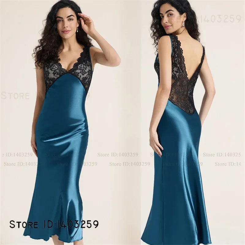 Elegant Female Long Nightgown Sleepwear Sexy Patchwork Lace Backless Nightdress Lingerie Summer New Silk Satin Homewear Nighty