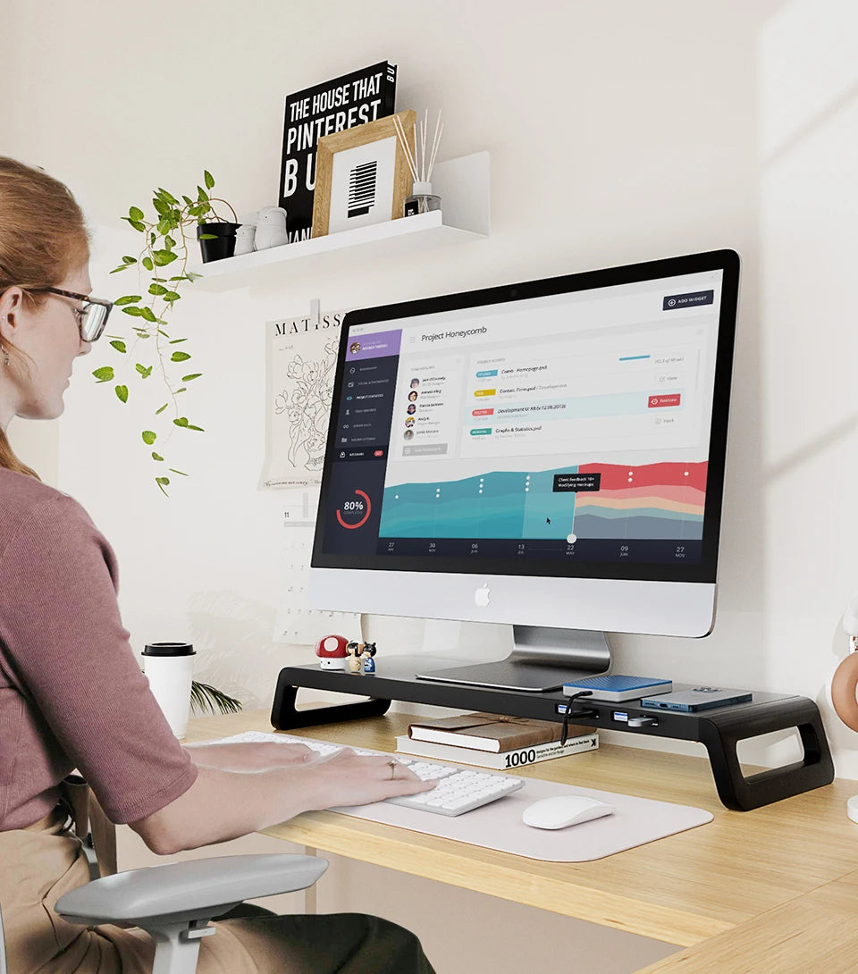 Computer Monitor Stand with 4 USB 3.0 Ports Durable Metal Monitor Support PC Keyboard Organizer Laptop Desktop Black Desk Stand