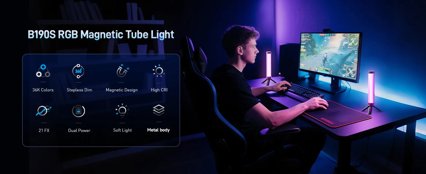 PHOTOOLEX RGB Video Light Handheld Magnetic Tube Light Design  2500K-9000K Photography Studio Lamp 12 Light Effects LED Tube