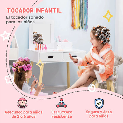 Zonekiz Dressing Table for Girls 3-6 Years Old with Stool and Mirror 60X40X95 cm White