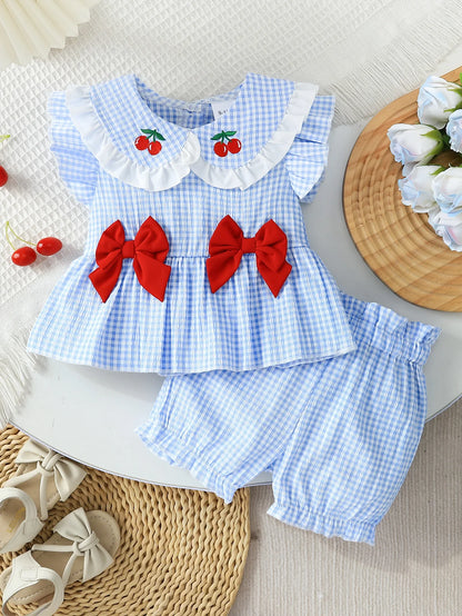 Summer Baby Girls 2Pcs Set 9-12M Blue Gingham Cherry Embroidered Ruffle Top & Bloomers  Infant Casual Daily Wear