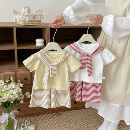 Summer new style baby striped shawl short sleeve wide leg pants two-piece set Korean version girl fashionable suit