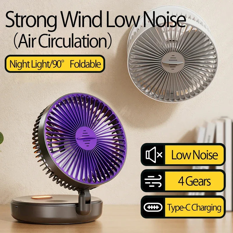 New 5000mAh Rechargeable 3IN1 Multifunctional Portable Fan Wall Mounted Fan 90° Folding Fan 4 Gears With Warm Night Light