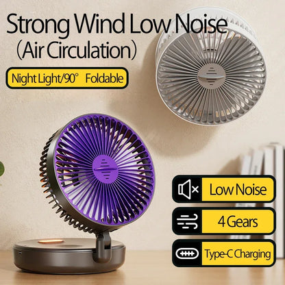 New 5000mAh Rechargeable 3IN1 Multifunctional Portable Fan Wall Mounted Fan 90° Folding Fan 4 Gears With Warm Night Light
