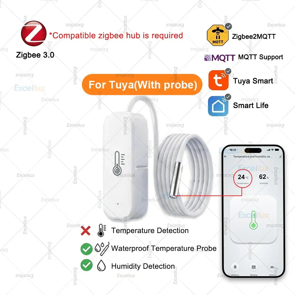 Zigbee Smart Temperature Humidity Sensor Optional With Waterproof Probe For Tuya Zigbee2MQTT Home Assistant Aquarium Tank Fridge