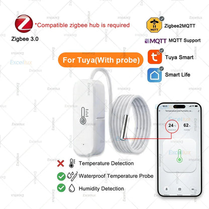 Zigbee Smart Temperature Humidity Sensor Optional With Waterproof Probe For Tuya Zigbee2MQTT Home Assistant Aquarium Tank Fridge